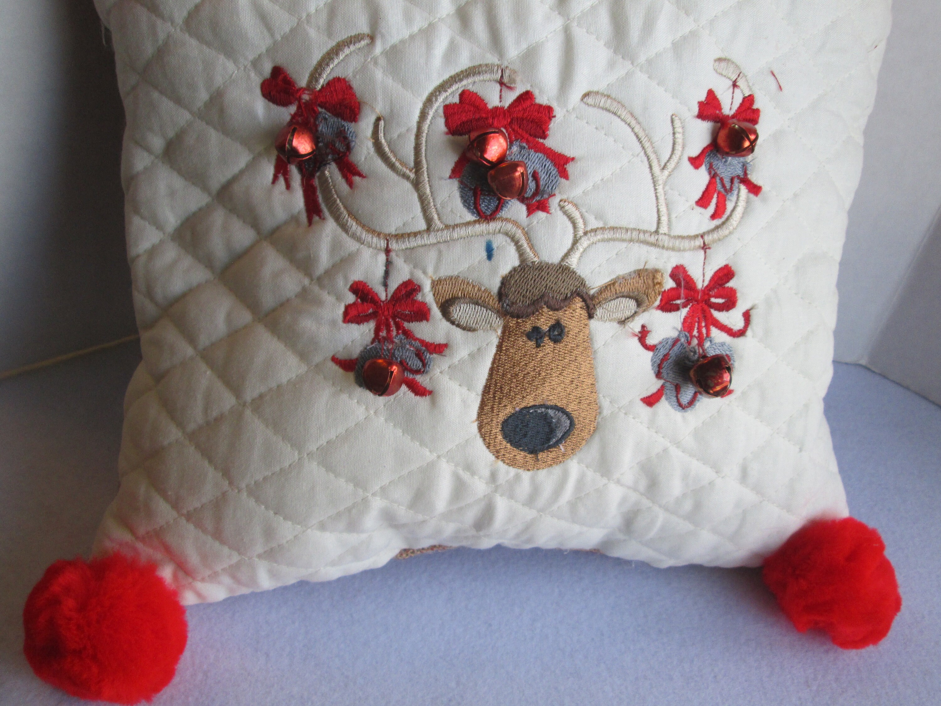 Quilted Christmas pillow with embroidered reindeer and bells Etsy