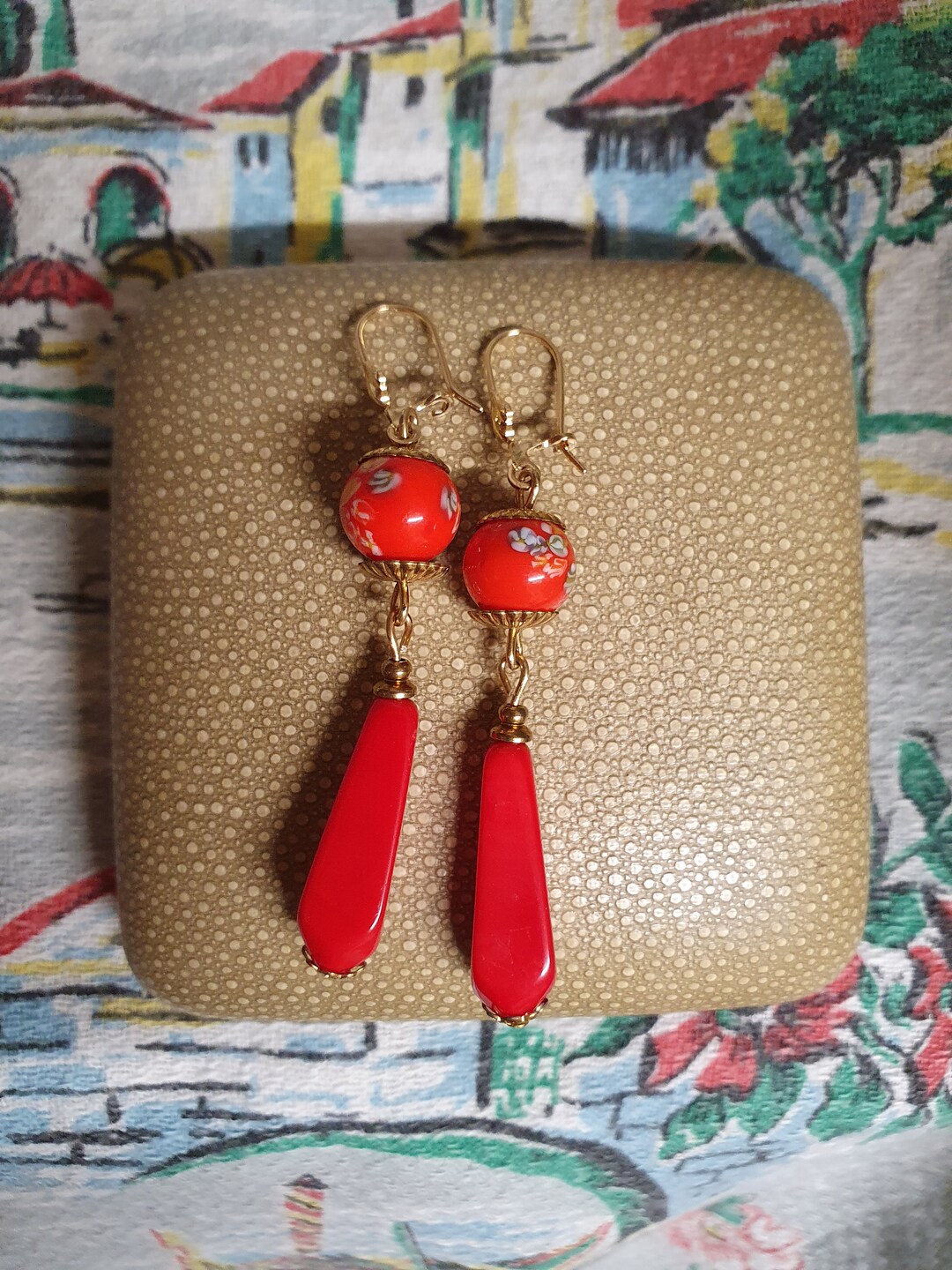 Boucles D'oreilles Créatives En Perles De Verre Millefiori Rouges - Pendantes Avec Crochets