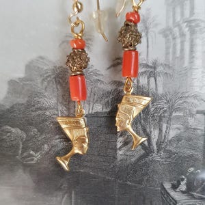 EARRINGS coral beads Ethiopian brass granulated beads + Nefertiti charm antique vintage 14K GF gold-filled by BoffinBeads