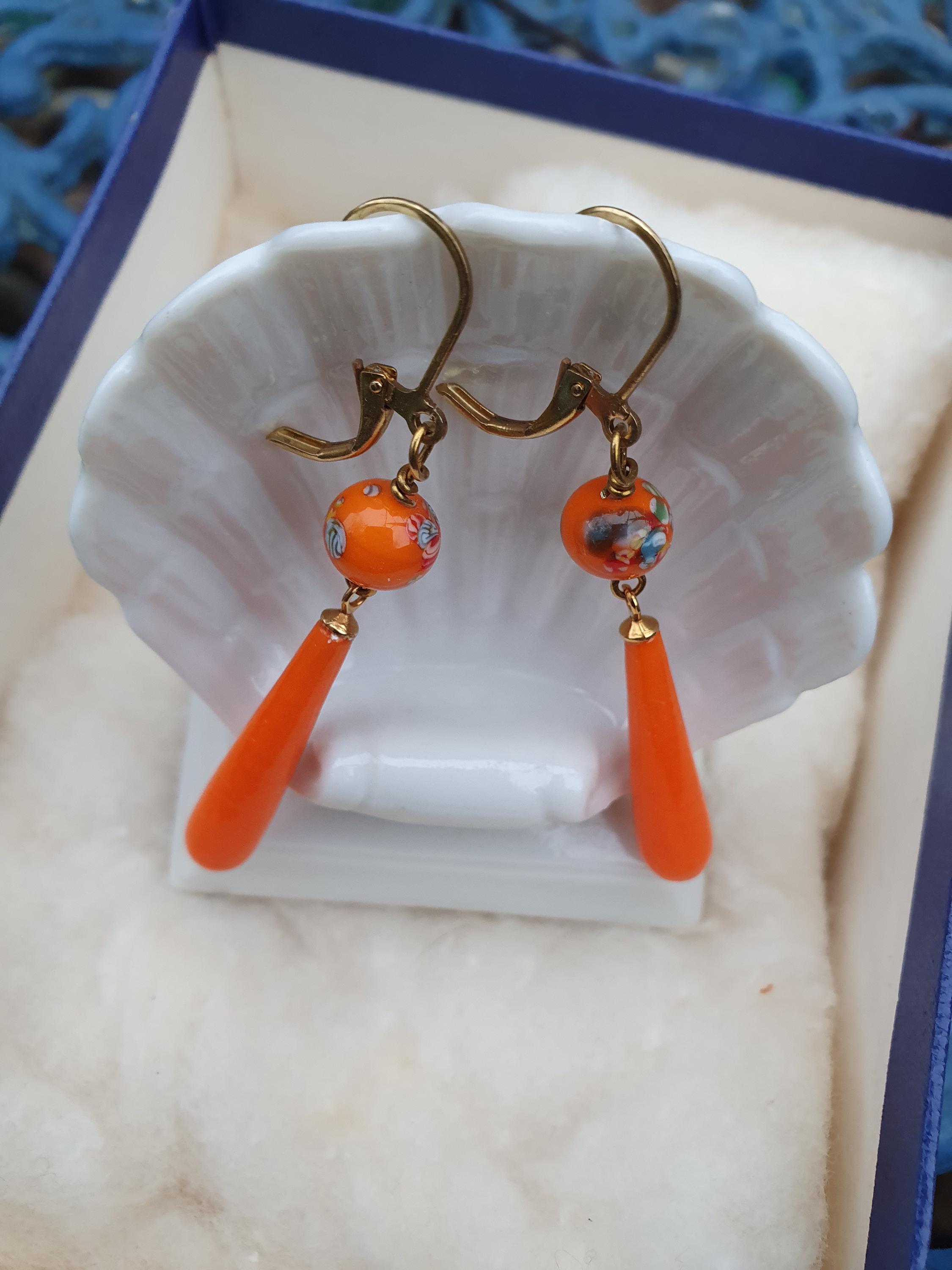 Boucles D'oreilles Perles Rondes Verre Millefiori Orange - Neuf Sans Emballage