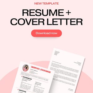 Może przedstawiać: Szablon CV w kolorze różowym i białym z czerwonym tytułem "RESUME + COVER LETTER" i przyciskiem z napisem "Pobierz teraz". CV jest dla grafika o imieniu Anna Lefaure. List motywacyjny to szablon ogólny z miejscami zastępczymi dla imienia i nazwiska odbiorcy, firmy i daty.