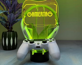 Custom LED Headphone Stand with Gamertag – Personalized Gaming Headset Holder – RGB Desk Decor for Gamers – Gamer Gift with Remote