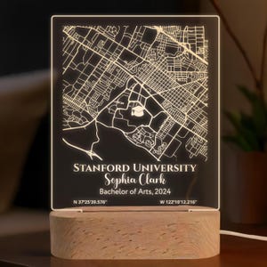 Lámpara de noche con mapa del campus personalizada: lámpara LED acrílica personalizada con motivo de graduación universitaria: placa con mapa escolar única como regalo para él o ella, promoción de 2025