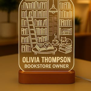Bookstore Owner Night Light, Personalized LED Lamp with Engraved Acrylic, Custom Book Lover Gift for Shop, Office, Reading Nook or Decor