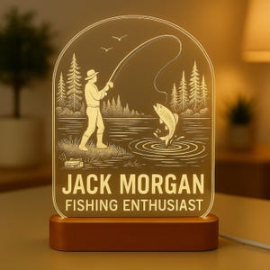 Fishing Night Light, Personalized LED Lamp with Engraved Acrylic, Custom Gift for Angler, Rustic Decor for Dad, Grandpa, or Outdoor Lover