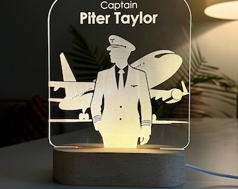 Nachtlampje piloot, aangepaste ledlamp vliegtuig, gepersonaliseerd luchtvaartcadeau, gegraveerd vliegtuigdecor, uniek cadeau voor verjaardag of pensioen