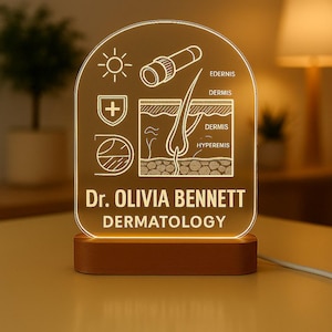 Dermatologist Night Light, Personalized LED Lamp with Engraved Acrylic Plate, Custom Doctor Gift for Clinic or Office Decor