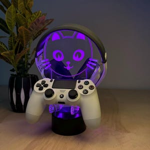 Bonito soporte LED para auriculares con forma de gato – Soporte acrílico para auriculares gamer – Organizador de escritorio para gamers – Regalo para gamers – Decoración para sala de juegos