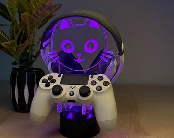 Niedlicher LED Kopfhörerständer in Katzenform - Gaming-Headset-Halter aus Acryl - Schreibtischaufbewahrung für Gamer - Geschenk für Gamer - Spielzimmerdekor