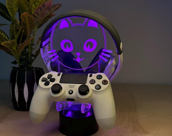 Cute LED Headphone Stand Cat Shape – Acrylic Gaming Headset Holder – Desk Organizer for Gamers – Gift for Gamer – Gaming Room Decor