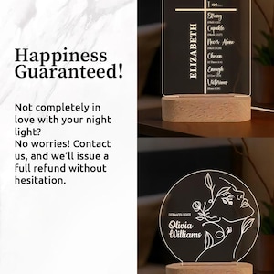May include: Two illuminated night lights with wooden bases. One features a cross design with the name "ELIZABETH" and inspirational text. The other is a circular design with a woman's face and the name "Olivia Williams" and the word "DERMATOLOGIST". The text "Happiness Guaranteed!" is also visible.