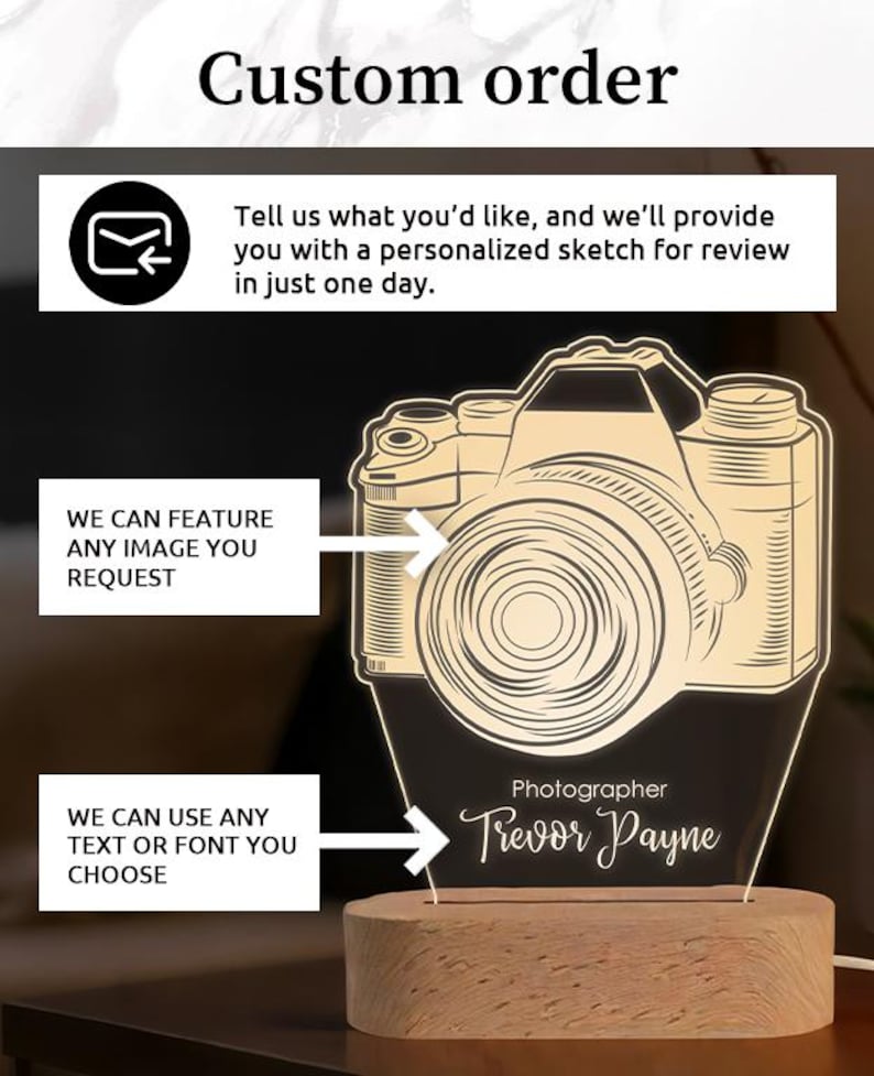 May include: A custom-made light-up camera-shaped sign with the name "Trevor Payne" and the word "Photographer" engraved on it. The sign is mounted on a wooden base. The text "Custom order" and other text are also visible.