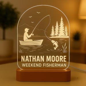 Fishing Night Light for Dad, Personalized LED Lamp with Engraved Acrylic, Custom Fisherman Gift, Rustic Decor for Cabin, Man Cave or Angler