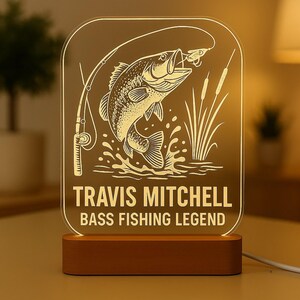 Bass Fishing Night Light, Custom LED Lamp with Engraved Acrylic, Personalized Gift for Anglers, Cabin or Man Cave Decor, Father’s Day Idea