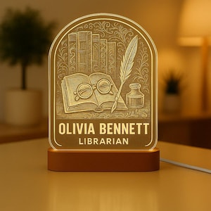 Librarian Night Light, Personalized LED Lamp with Engraved Acrylic, Custom Book Lover Gift for Library Office, Reading Nook or Teacher Decor