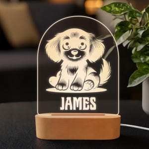 Custom Dog Night Light for Kids, Personalized Puppy LED Lamp, Engraved Wooden Base, USB-Powered Acrylic Light, Unique Children&#39;s Gift