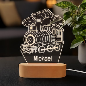 Kundenspezifisches Zugnachtlicht für Kinder, personalisierte LED-Holzsockellampe, graviertes Acrylnachtlicht, perfektes Geschenk für Zugbegeisterte