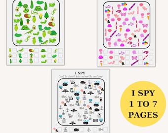 May include: Seven printable I Spy activity pages for kids. Each page features a colorful illustration with a variety of objects to count. The pages are titled "I Spy" and include instructions to count the elements and mark the correct number.
