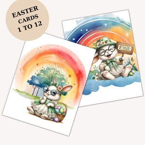 Cartões de Páscoa, 12 Cartões Postais Digitais para Imprimir, Cartões de Saudação em Estilo Aquarela, Conjunto de Cartões Postais de Coelhinho da Páscoa