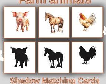 May include: Farm animal shadow matching cards.  The cards feature a pig, horse, and rooster with their corresponding silhouettes.