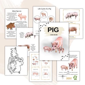 May include: Educational printables about pigs, featuring illustrations and information. The pages cover topics like the life cycle of a pig and where they live. One page displays the title "PIG UNIT STUDY".