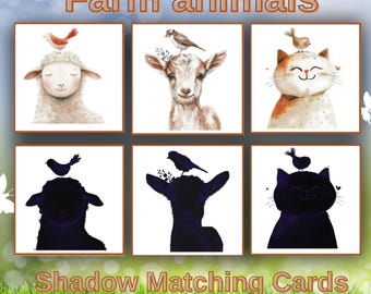 May include: A set of six shadow matching cards featuring farm animals. The cards show a sheep, goat, and cat with a bird perched on top of each animal. The matching shadow cards are shown below each animal.