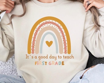 Sudadera de maestra de primer grado: Rainbow Teach Crewneck