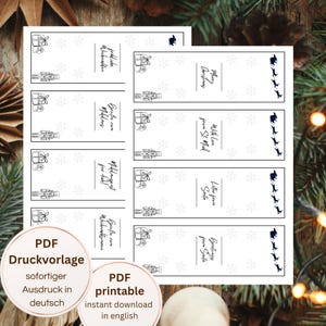 Puede incluir: Etiquetas de regalo de Navidad imprimibles con ilustraciones festivas de regalos, copos de nieve y el trineo de Pap&aacute; Noel. Las etiquetas presentan texto en ingl&eacute;s y alem&aacute;n.