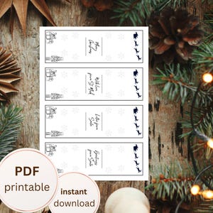 Puede incluir: Etiquetas de regalo navide&ntilde;as imprimibles blancas con texto e ilustraciones en negro. Los dise&ntilde;os incluyen cajas de regalo, copos de nieve y el trineo de Pap&aacute; Noel. El texto incluye "Merry Christmas", "With love from St. Nick", "Letter from Santa".