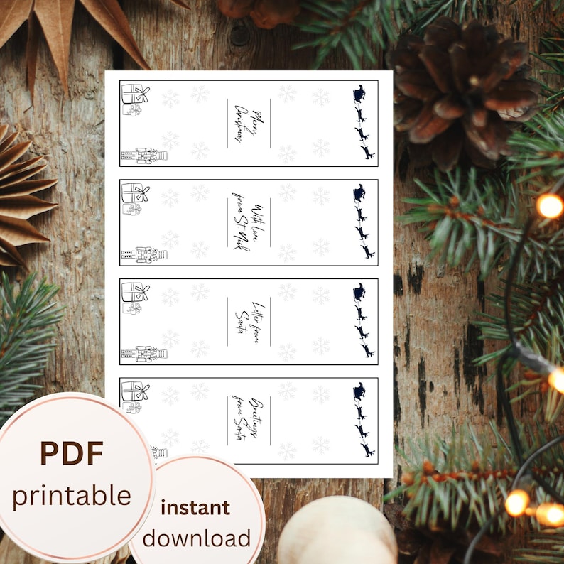 Puede incluir: Etiquetas de regalo navide&ntilde;as imprimibles blancas con texto e ilustraciones en negro. Los dise&ntilde;os incluyen cajas de regalo, copos de nieve y el trineo de Pap&aacute; Noel. El texto incluye "Merry Christmas", "With love from St. Nick", "Letter from Santa".