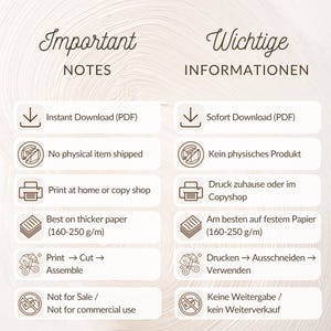May include: A beige graphic with the words "Important Notes" and "Wichtige Informationen." The image lists instructions for a digital download, including "Instant Download (PDF)," "Print at home or copy shop," and "Not for Sale / Not for commercial use."