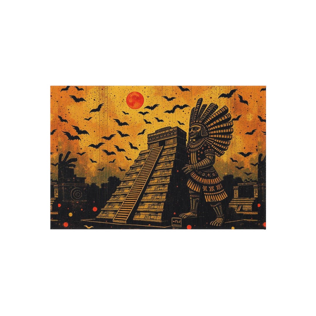 Aztec Pyramid With Warrior Outdoor Rug | Sunset Bats Tribal Scene - Etsy