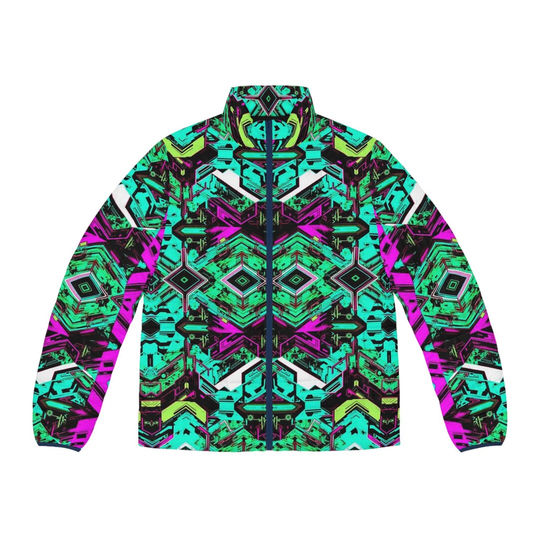 Aqua-neon Geometric Puffer Jacket | Abstract Aztec Print | ELGNDESIGNS ...