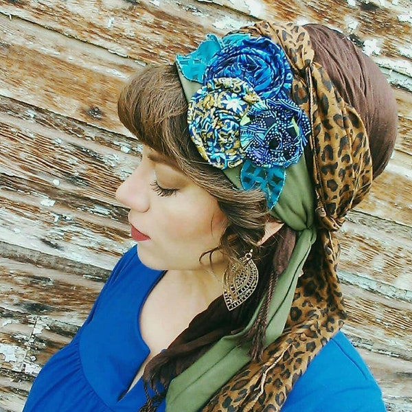 Olive and Teal Headwrap, Tichel, Sash, Headcover, Flower, Boho Headwrap, Knotted Headwrap, Tie Headwrap, Sinar