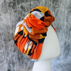 60&#39;s Abstract Art Ruffled Front Turban, Headcover, Chemo Cover, Hair Loss, Pre Tied, Turban