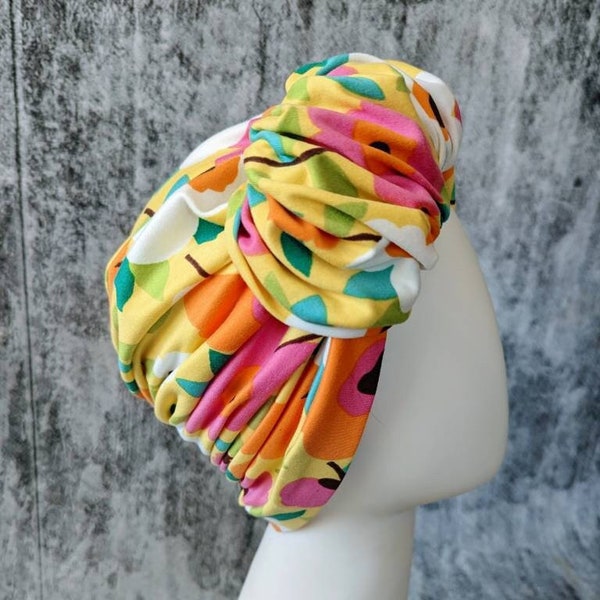 Retro Bright in Yellow and Pink Floral Ruffled Front Turban, Headcover, Chemo Cover, Hair Loss, Pre Tied, Turban, Floral Turban