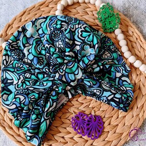 Blue and Green Retro Floral Turban, Headcover, Chemo Cover, Tznius, Hair Loss, Ladies Turban, Pre Tied, Turban, Floral Turban