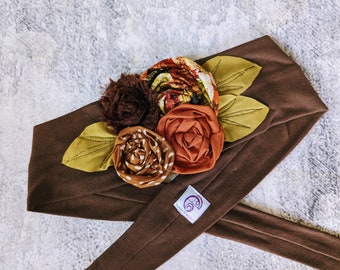 Brown and Copper Flower Headwrap, Boho Headwrap, Tichel, Sinar, Headcover, Flower Headwrap, Knotted Headwrap, Tie Headwrap, Dread Wrap