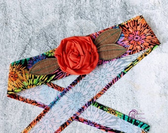 Charisma, Flower Headband, Tichel, Sash, Headcover, Tie on Headband, Pre Tied, Floral Print Headwrap, Rainbow Floral