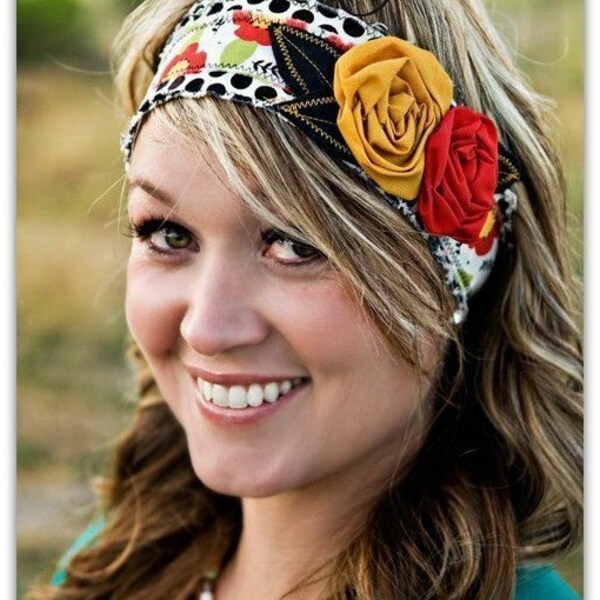 Stasia. Black Polka Dot Head Wrap. Headband with Saffron Yellow and Warm Red Rosettes