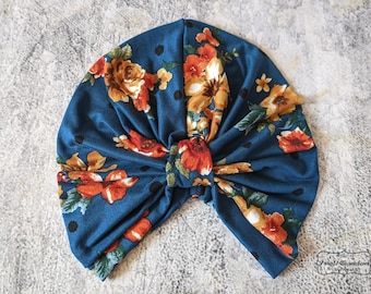 Teal Floral Turban for Women- Headcover for Hair Loss- Pre Tied- Custom Fit