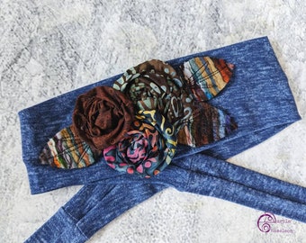 Denim and Browns, Boho Headwrap, Tichel, Sinar, Headcover, Flower Headwrap, Knotted Headwrap, Tie Headwrap, Dread Wrap