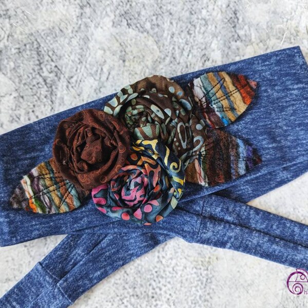 Denim and Browns, Boho Headwrap, Tichel, Sinar, Headcover, Flower Headwrap, Knotted Headwrap, Tie Headwrap, Dread Wrap