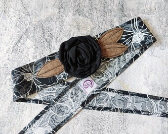 Kali Headwrap, Black Floral Headwrap, Tichel, Sash, Headcover, Tie on Headband, Pre Tied, Floral Print Headwrap