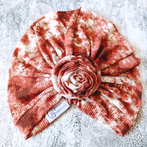 Terracotta Tie Dye Turban, Top Knot Turban, Turban, Headcover, Chemo Cover, Tznius, Ladies Turban, Pre Tied, Tie Dye Turban, Rib Knit