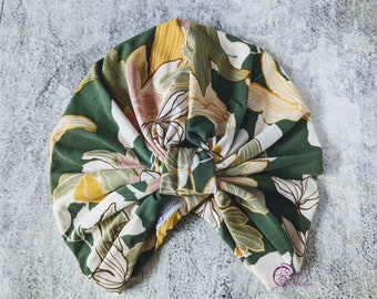 Olive and Pink Retro Floral Turban, Turban for Women, Headcover for Hair Loss, Pre Tied, Custom Fit, Floral Turban