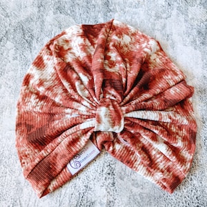 Terracotta Tie Dye Turban, Cinch Front Turban, Turban, Headcover, Chemo Cover, Tznius, Ladies Turban, Pre Tied, Tie Dye Turban, Rib Knit