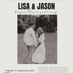 Könnte beinhalten: Schwarz-weiß Hochzeitsanzeige mit dem Titel "Wedding Post" und der Überschrift "LISA & JASON begin their journey". Das Bild zeigt ein Paar, das spaziert und Händchen hält. Das Datum ist der 8. August 2026.