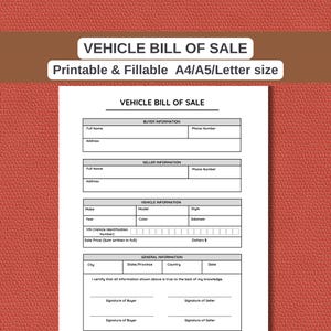 Vehicle Bill of Sale | Printable Motor Vehicle Sale Contract | Vehicle Bill of Sale Template | Car, Auto | PDF Download | Instant Download