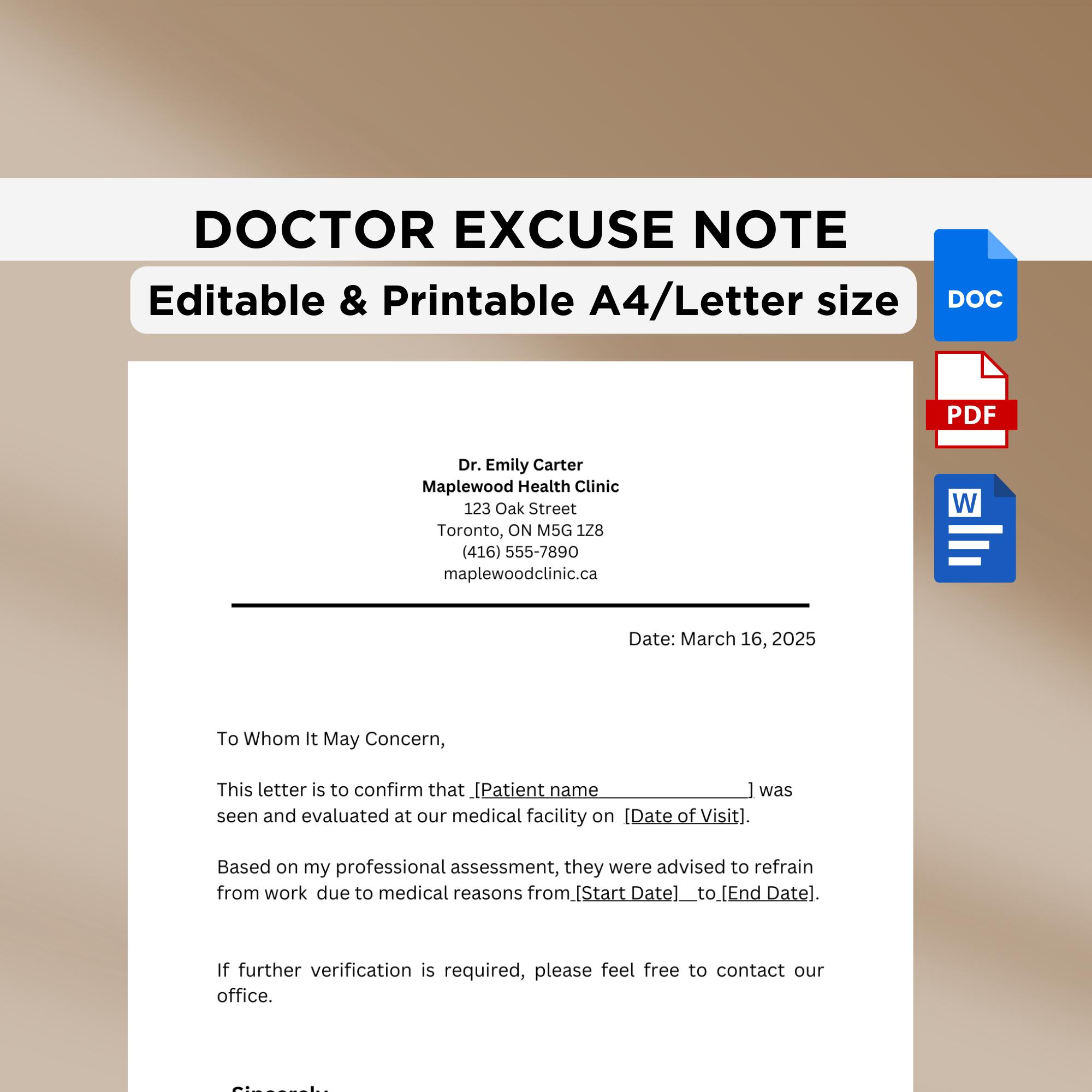 Printable Doctor's Excuse Note: Editable Medical Absence Template